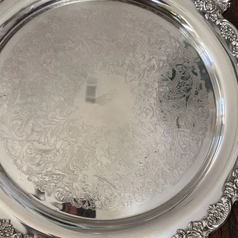Vintage Oneida Du Maurier Silverplate 15” Serving Tray Roses Handles Ornate USA